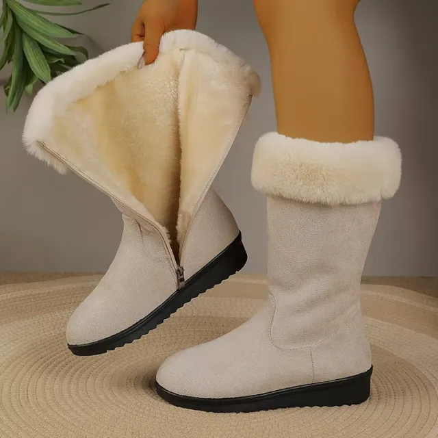 Fleece lined Thickened Mid calf Versatile Snow Boots Beige - Shop at LoveMi