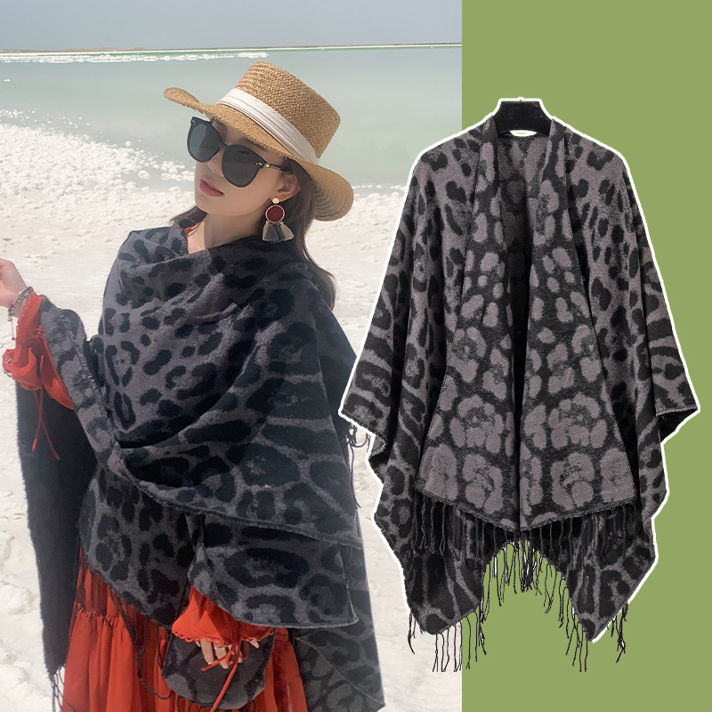 New Leopard-Print Tassel Shawl AutumnWinter Travel Faux Cashmere Knitted Scarf