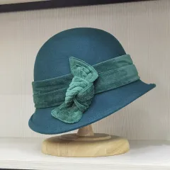 Autumn And Winter Woolen Velvet Bow Decoration Bucket Hat - Green - View 1