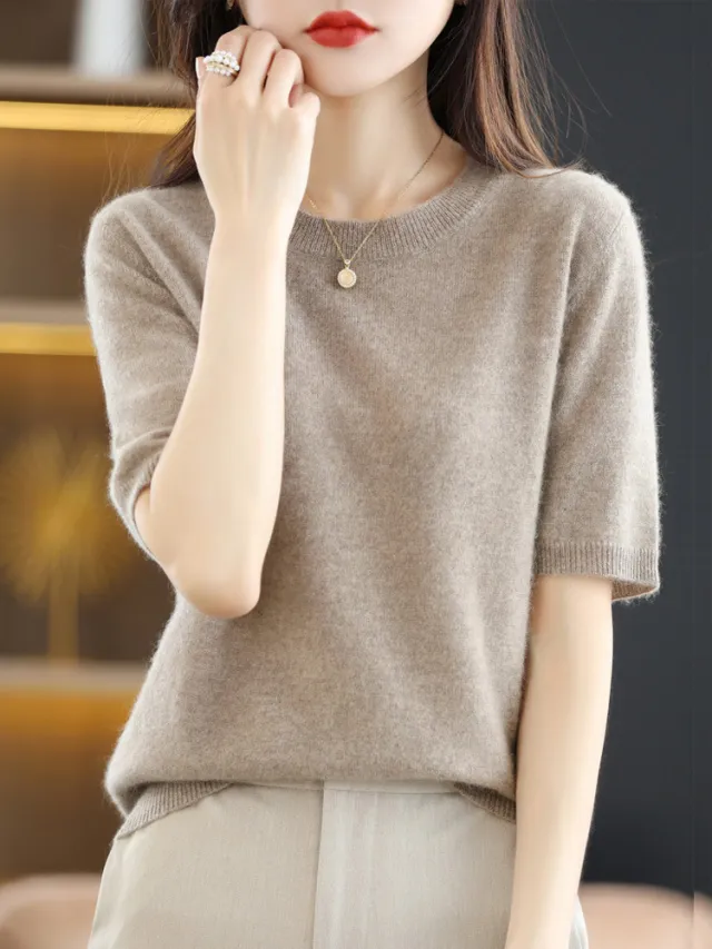 Knitted Short Sleeve Loose T shirt Inner Wear Sweater Non cashmere Bottoming Shirt Original Camel - Shop at LoveMi