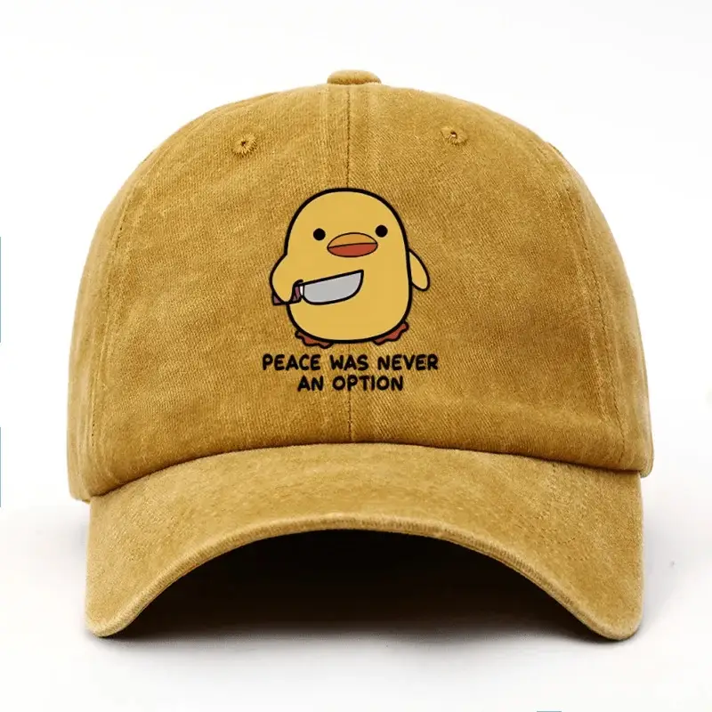 Playful Yellow Duck Print Washed And Distressed Baseball Cap With A Fun Peaked Brim