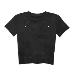 American-style Retro Fried Color Distressed Top Round Neck Rivet Short T-shirt For Women - Black - View 1