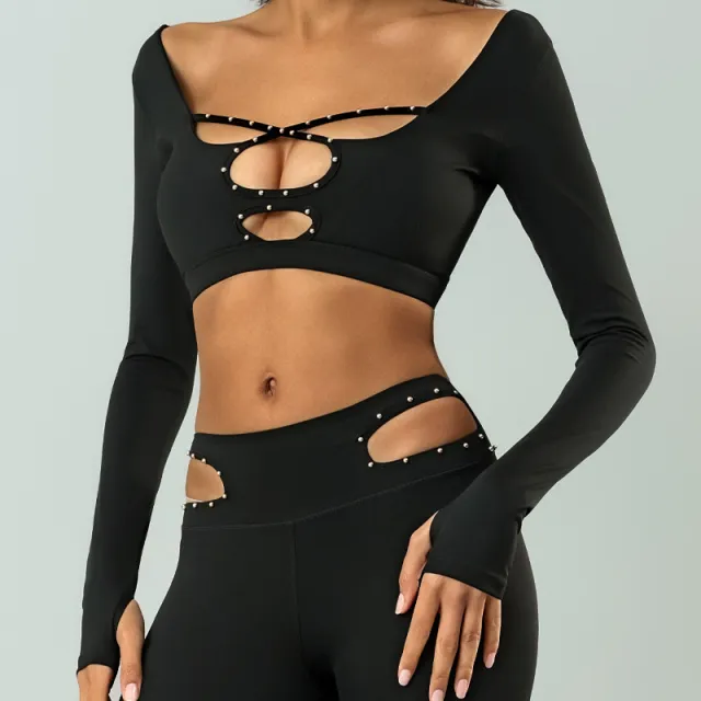 Workout Long Sleeve With Chest Pad High Elastic Quick drying Sports High Waist Top Black Top - Shop at LoveMi