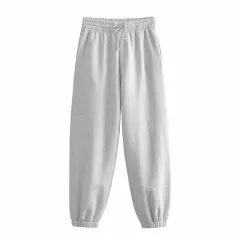 Autumn New Women's Clothing Solid Color Basic Short Sweater Ankle Banded Lace-up Jogger Pants Suit - M Gray Trousers - View 1