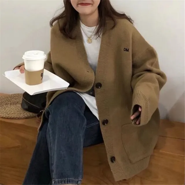 Women's Fashion Casual Solid Color Embroidery V neck Sweater Coat Khaki - Shop at LoveMi