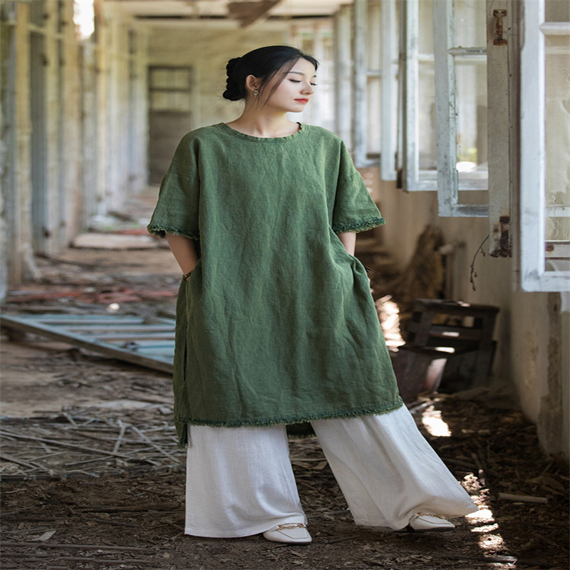Ramie Sand Fried Sanding Zen Robe Half-length Sleeve Travel Casual Dress