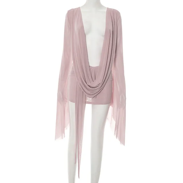 Deep V Swing Collar Mesh See through Dress Female Pink - Shop at LoveMi