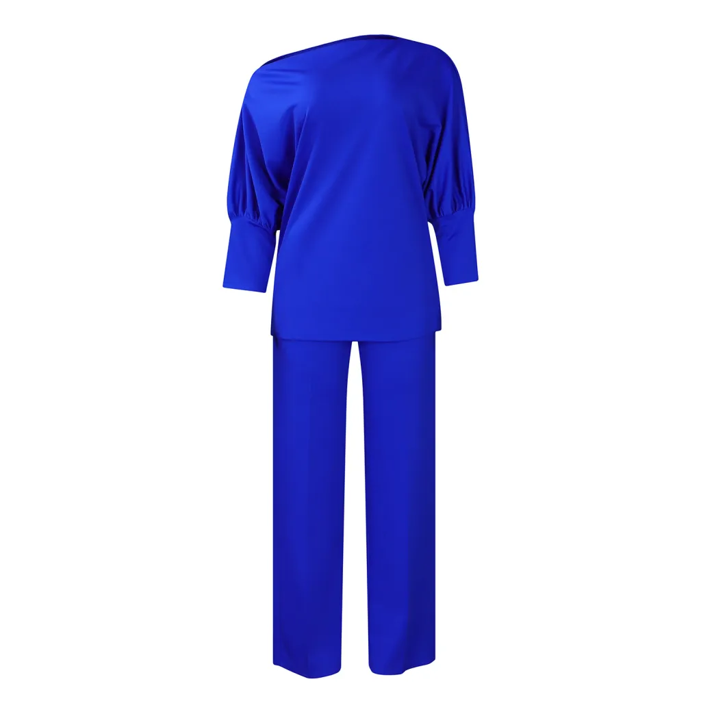 Diagonal Collar Top Wide Leg Pants Cross-border Suit - Blue