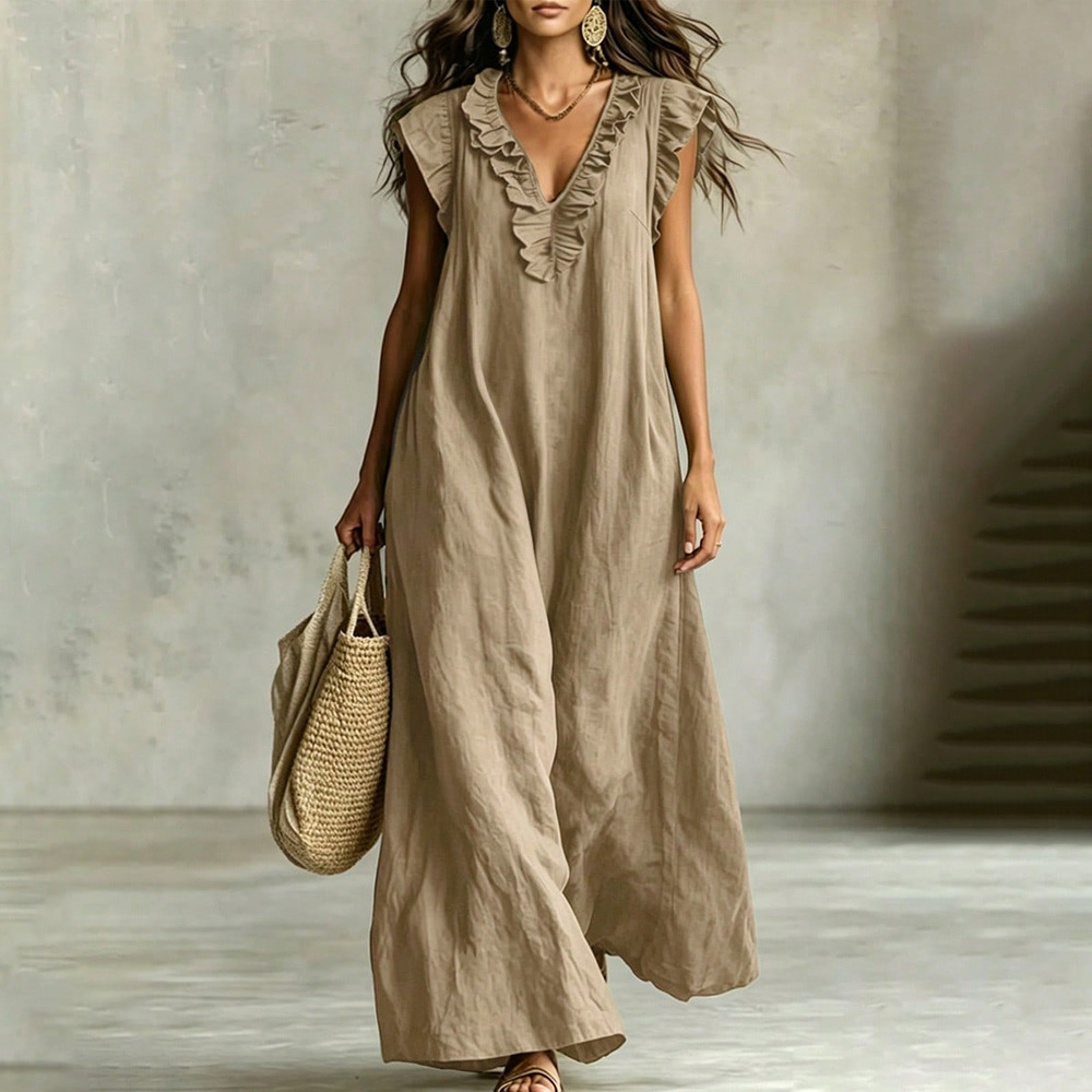 Robe ample femme col V à volants