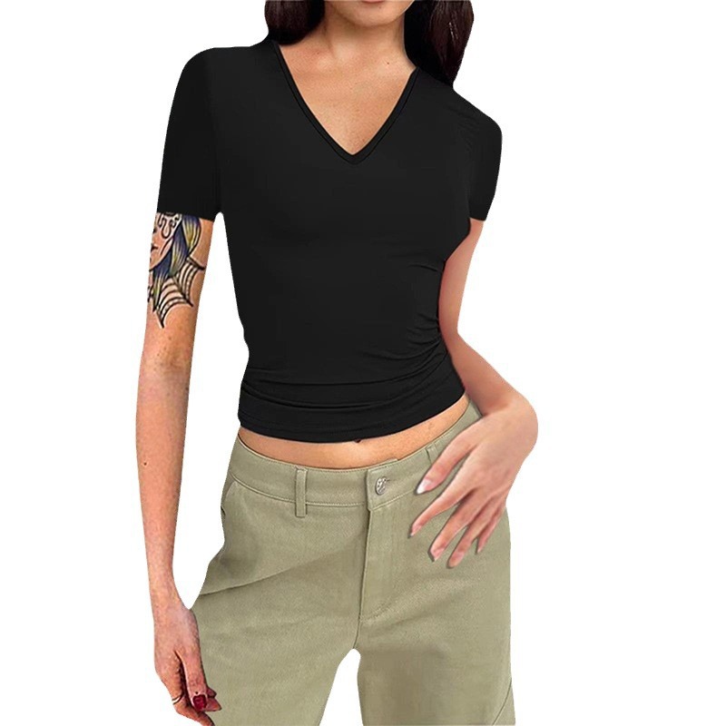 Solid-color V-neck Slim-fit Short-sleeve Crop Top