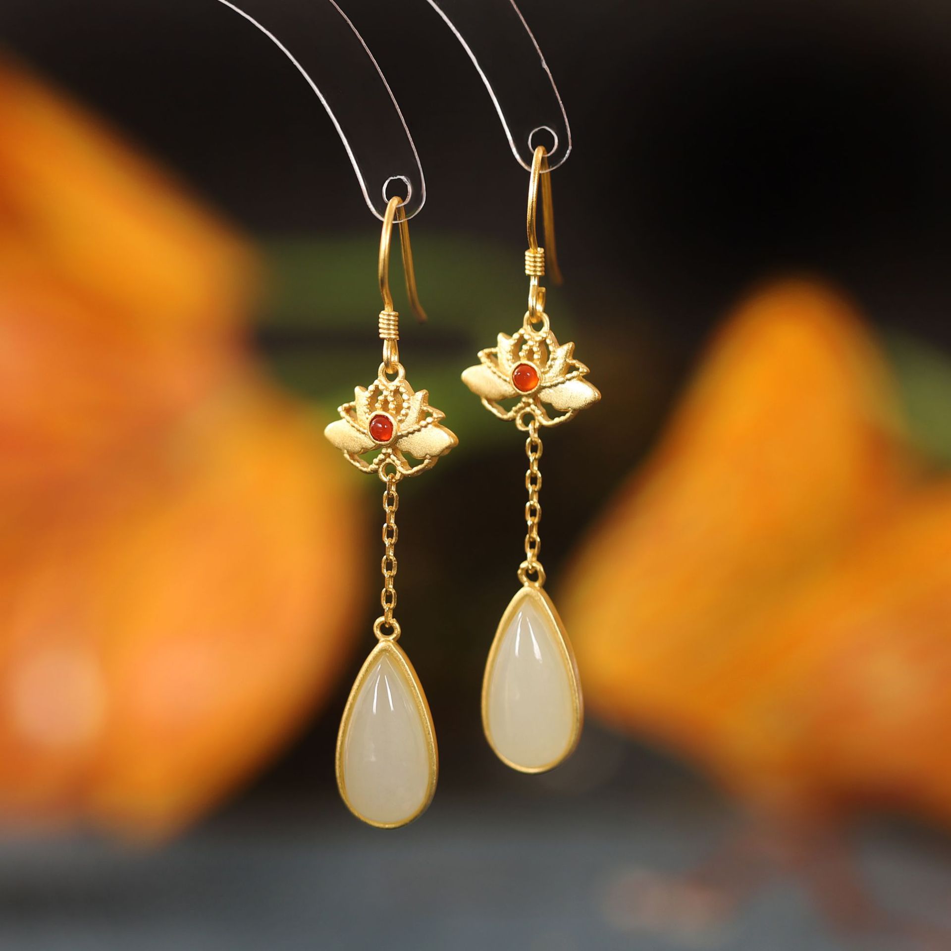 Sterling Silver Hetian Jade Inlaid Water Drop Ear Hook Ancient Gold Long Red Agate Embellished Earrings