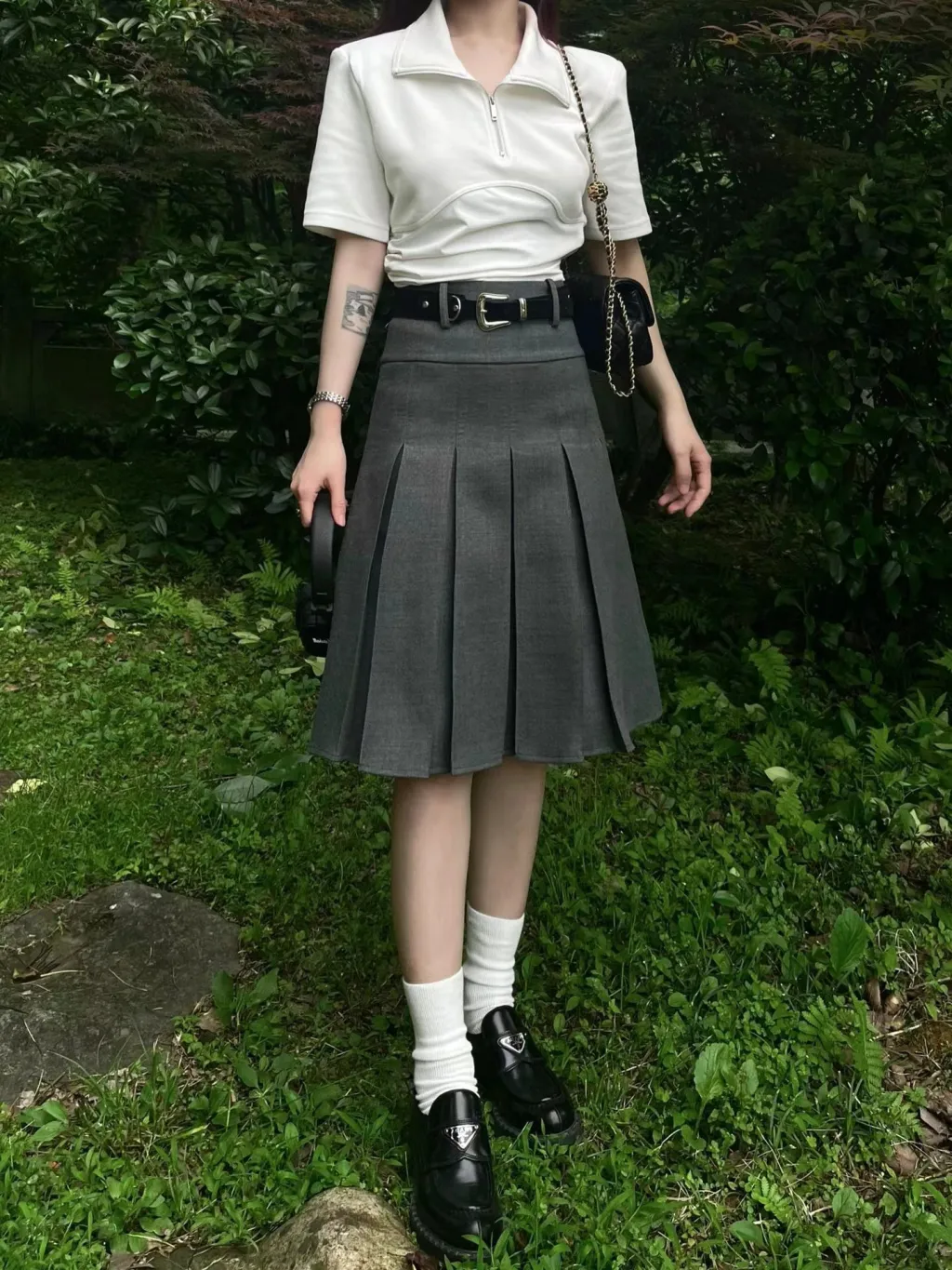 New High Waist Suit Half-length Pleated Skirt For Women - Grey With Belt