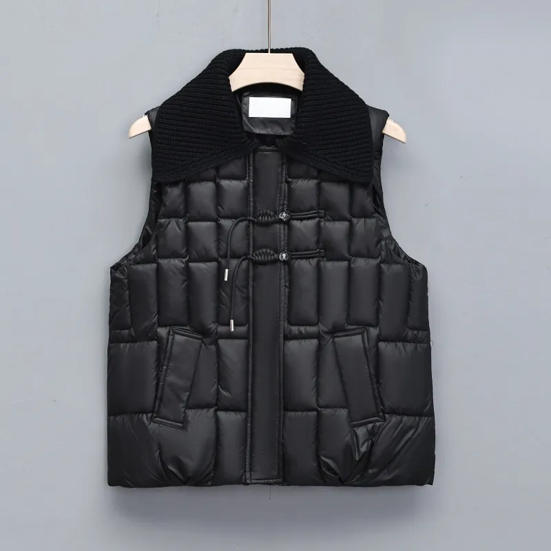 Stand Collar National Style Buckle Knitted Lapel Sleeveless Cotton-padded Jacket Vest - Black