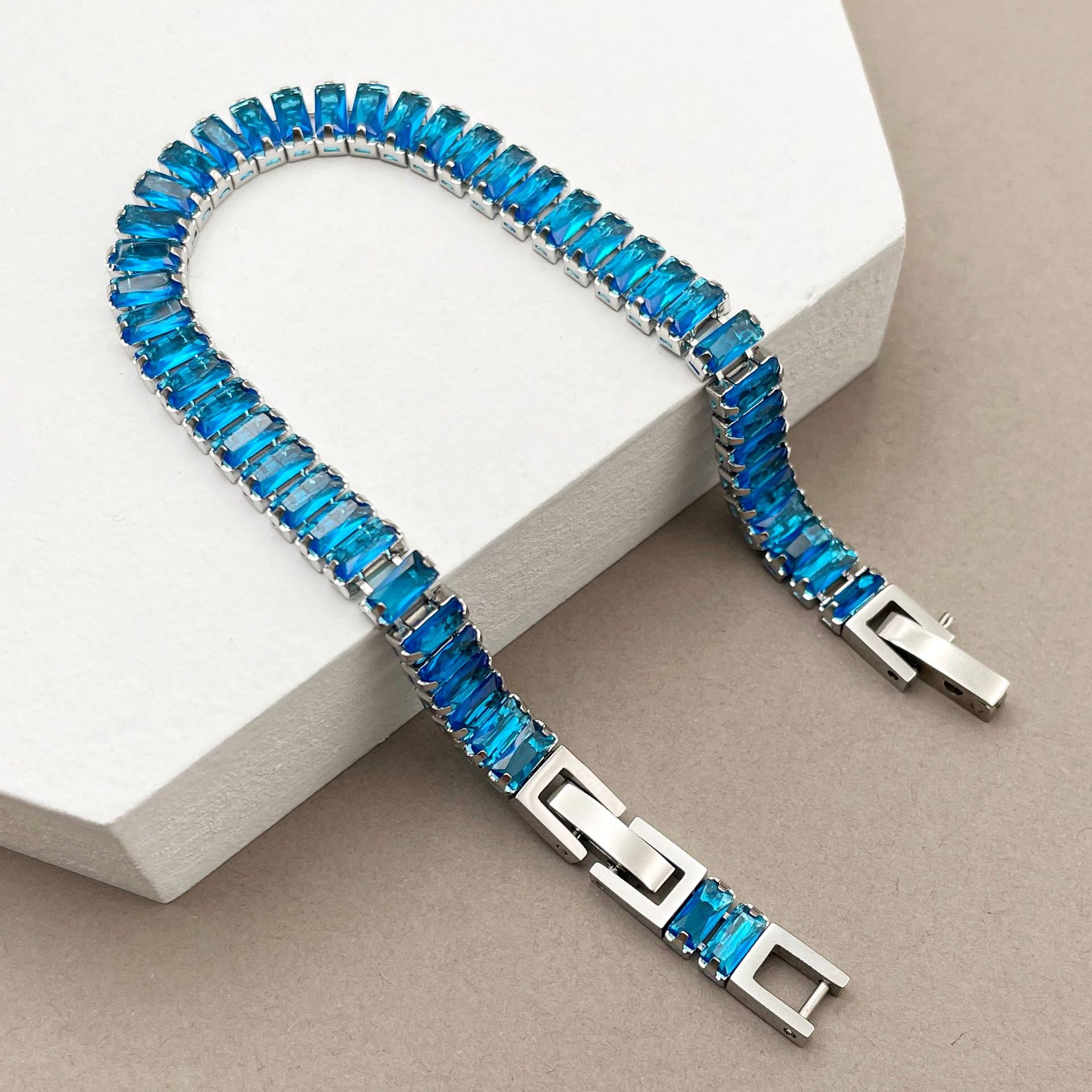 Geometric Inlaid Color Zircon Stainless Steel Bracelet Blue - Shop at LoveMi