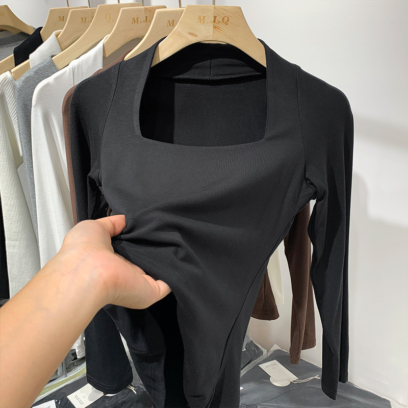 Collarbone Slim Top Solid Color Square Collar Long Sleeve T-shirt
