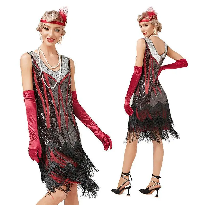 Retro V-neck Double-layered Tassel Gatsby Cocktail Ball Sequin Bead Dress - Red