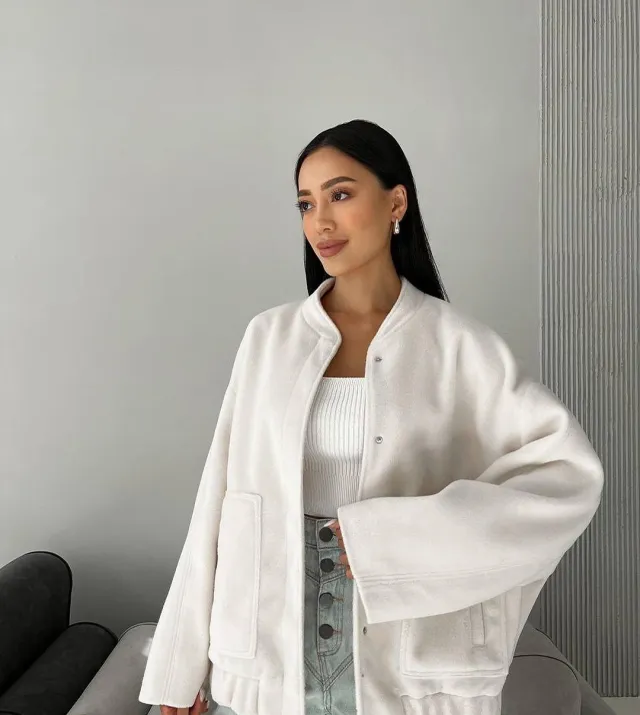 Loose Casual European And American Style Stand Collar Large Pocket Solid Color Women's Coat White - Shop at LoveMi