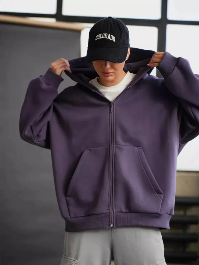 Casual Loose Long Sleeve Hooded Zip up Sweatshirt Purple - Shop at LoveMi