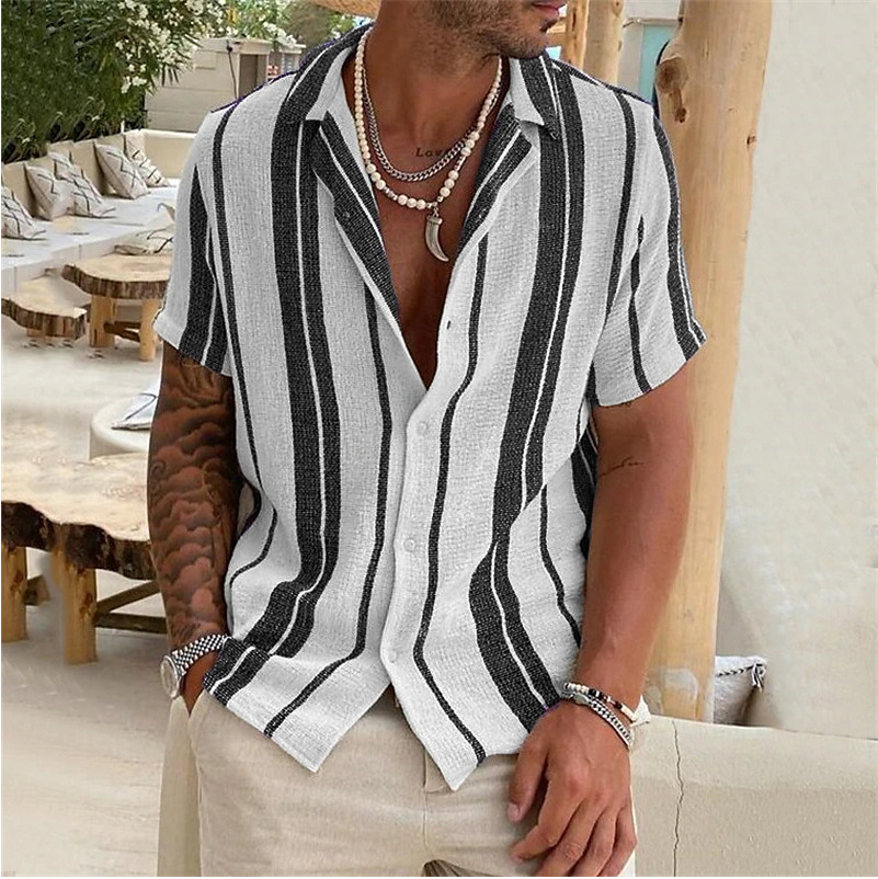Men's Striped Cardigan Lapel Short Sleeve Shirt Youth