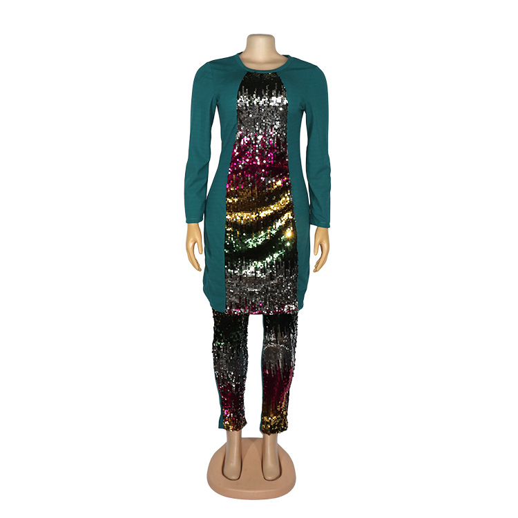 High Elastic Colorful Sequin Cotton And Linen Women's Pants Suit