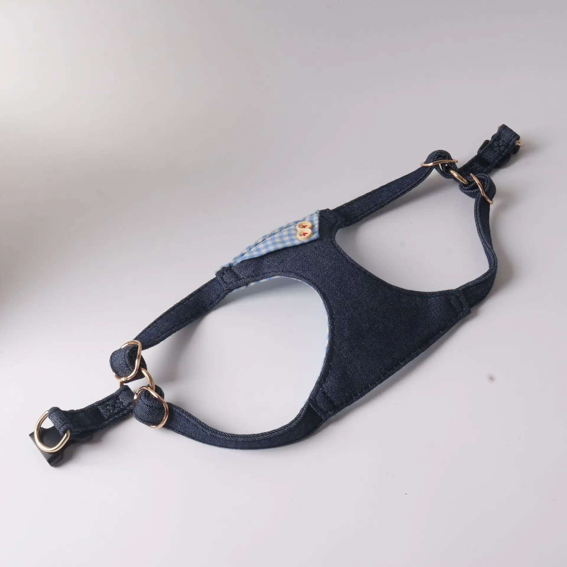 Dark Blue Denim Patchwork Plaid Pet Harness