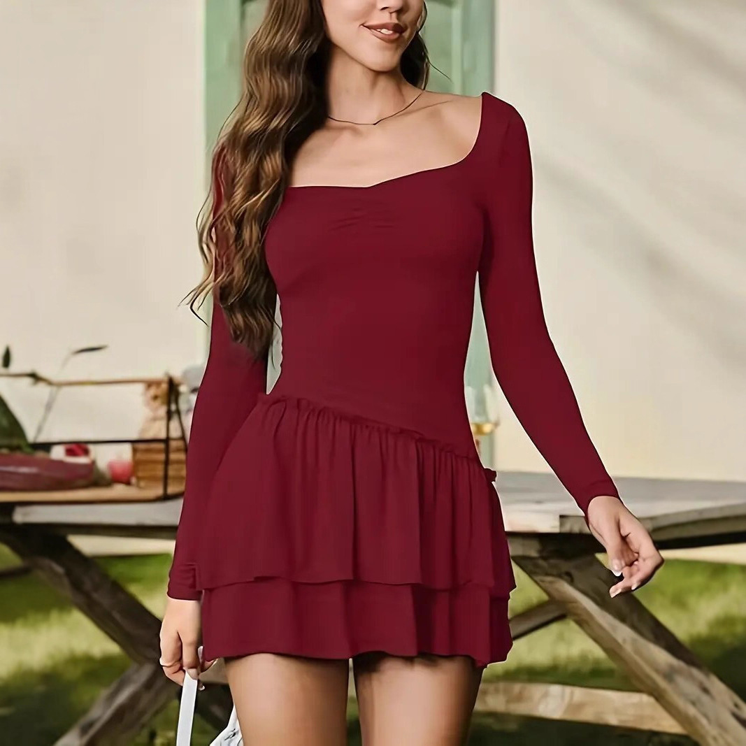 Season New Solid Color Elegant Slim fit Short Long Sleeve Dress Wine Red - Shop at LoveMi