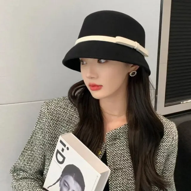 Korean All match Simple Bow Elegant Small Bucket Cap Black White Tape - Shop at LoveMi