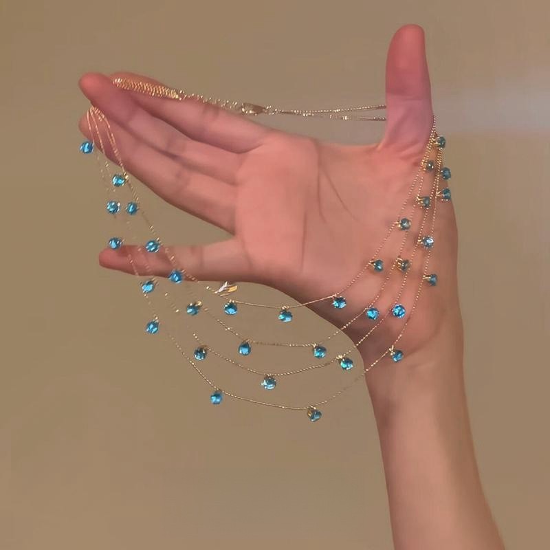 Multi-layered Necklace With Blue Crystal Pendants