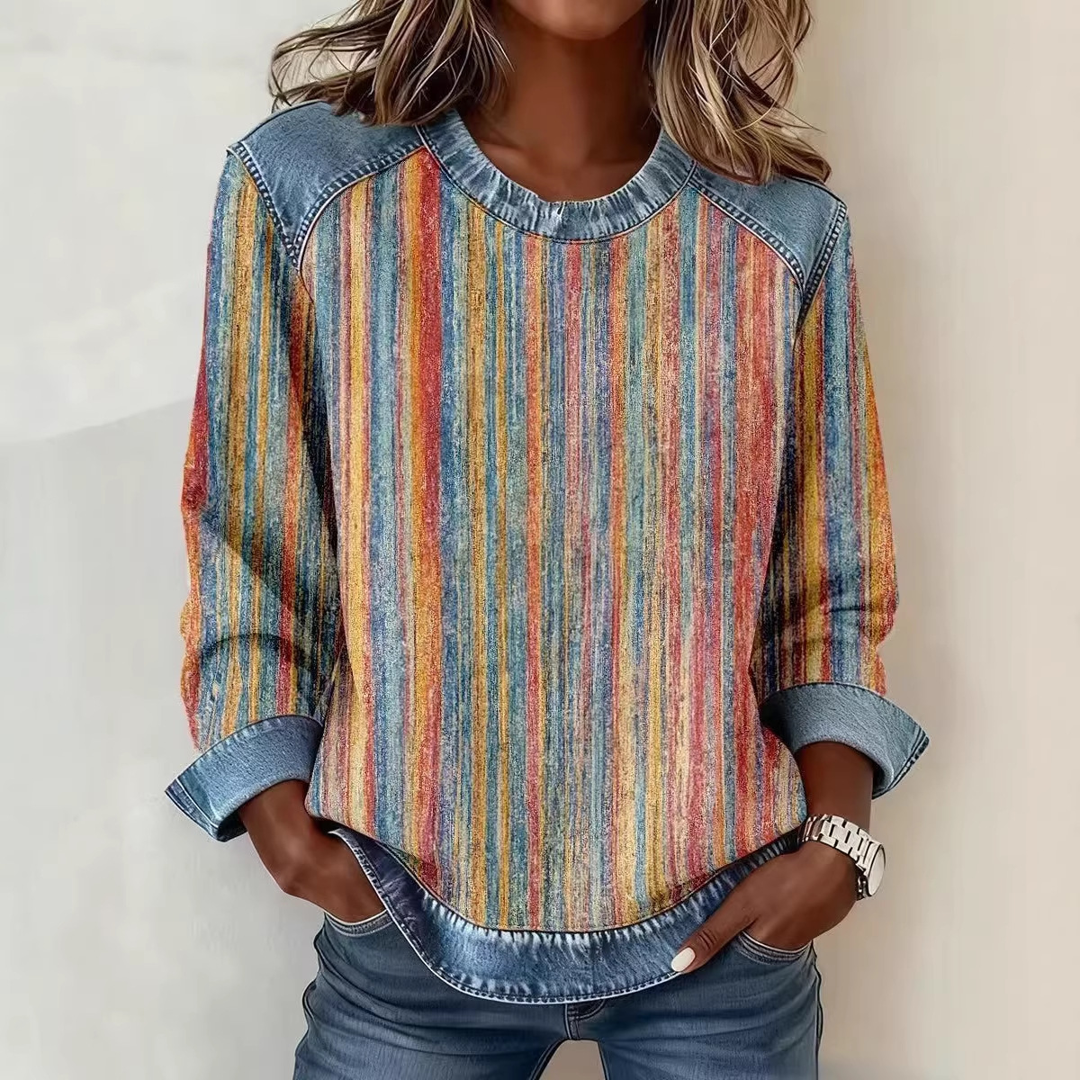 Womens 3D Digital-Print Crew-Neck Fashion Pullover Long-Sleeve Sweatshirt