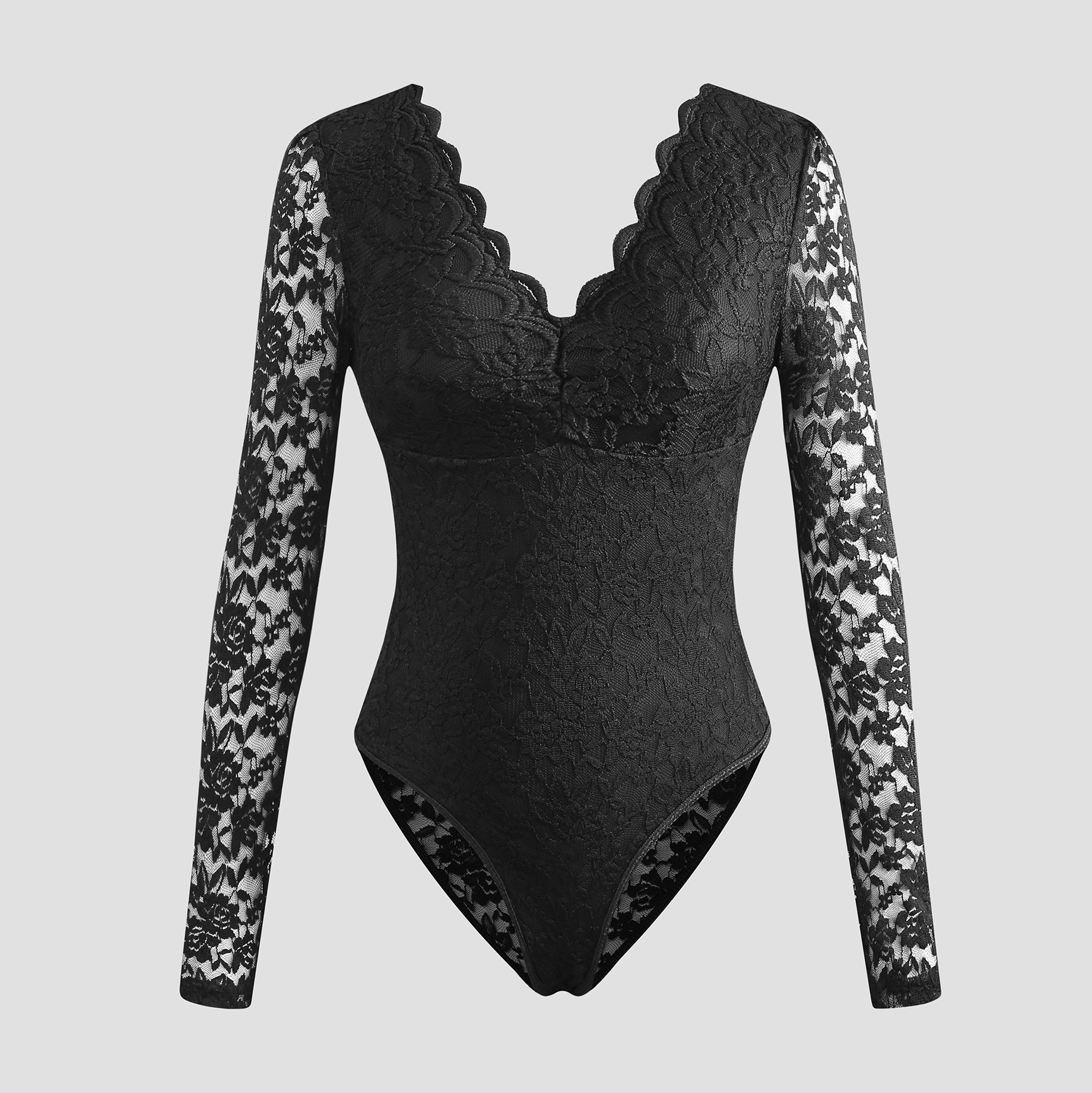 Sexy Solid-Color Lace Long-Sleeve Sheer Bodycon Jumpsuit - Image 4