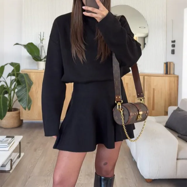 Casual Vacation Style Sweater Long Sleeve Skirt Dress Women's Clothing Black - Shop at LoveMi