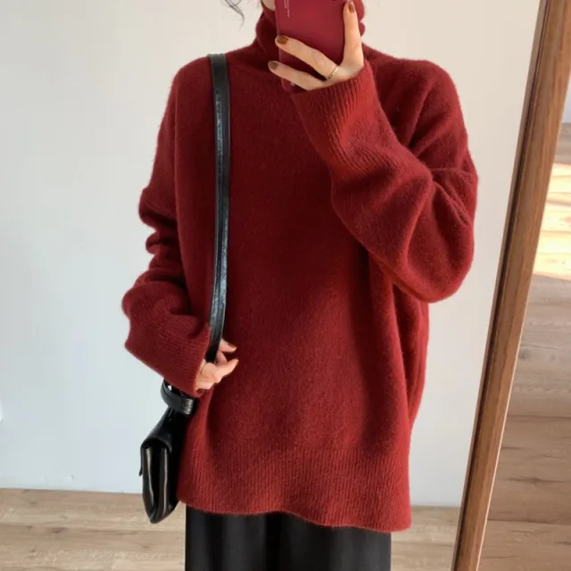 Soft Glutinous Idle Style Solid Color Turtleneck Sweater For Women Red - Shop at LoveMi