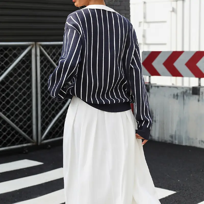 College Street Fashion Polo Collar Stripes Women's Sweater