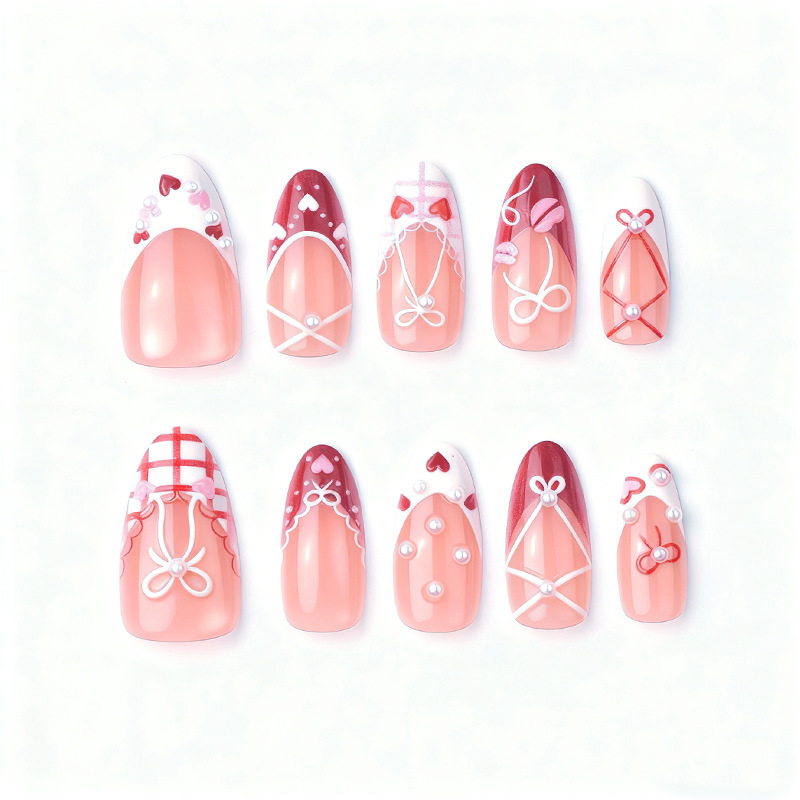 High-End French Almond Artificial Nails For Valentines Day