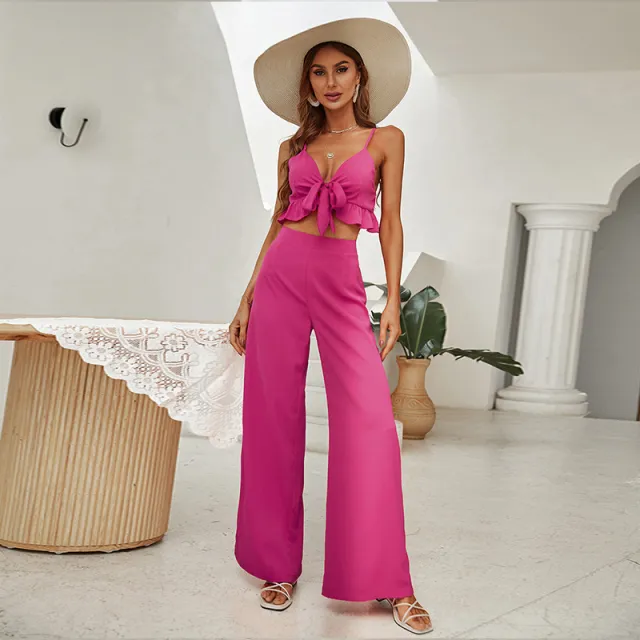 Rose Red Sling Tube Top Backless Top Women's Long Bell bottom Pants Suit Rose - Shop at LoveMi