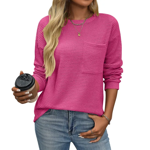 Women's Waffle Round Neck Pocket Loose T shirt Red - Shop at LoveMi