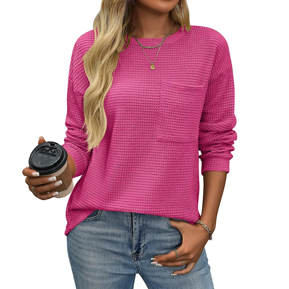 Women's Waffle Round Neck Pocket Loose T-shirt - Red
