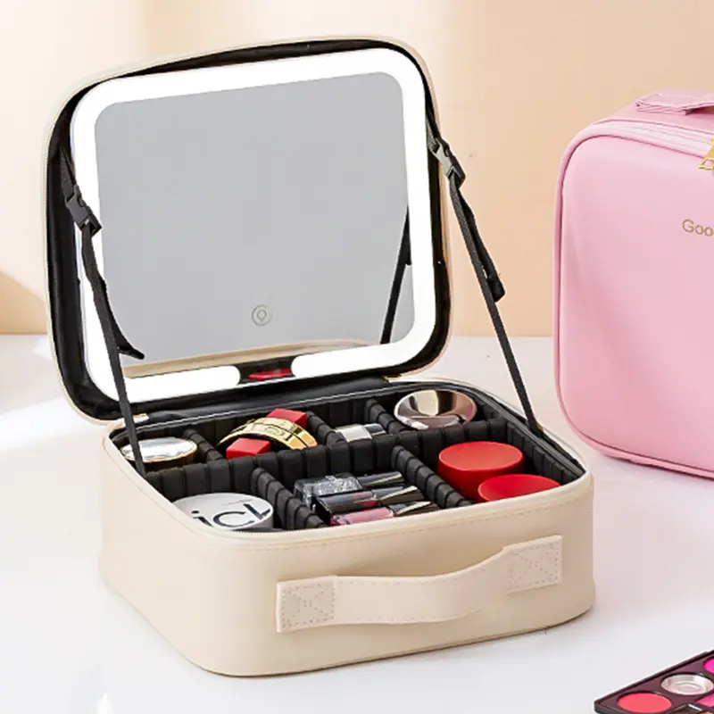 Makeup Bag with Mirror and Light Rechargeable PU Leather