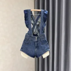 New Womens Blue Denim Suspender Shorts - Blue - View 1