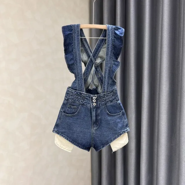 New Womens Blue Denim Suspender Shorts Blue - Shop at LoveMi