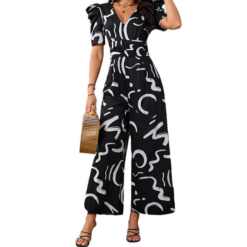 Stylish And Chic V-neck Cinched-waist Wide-leg Jumpsuit