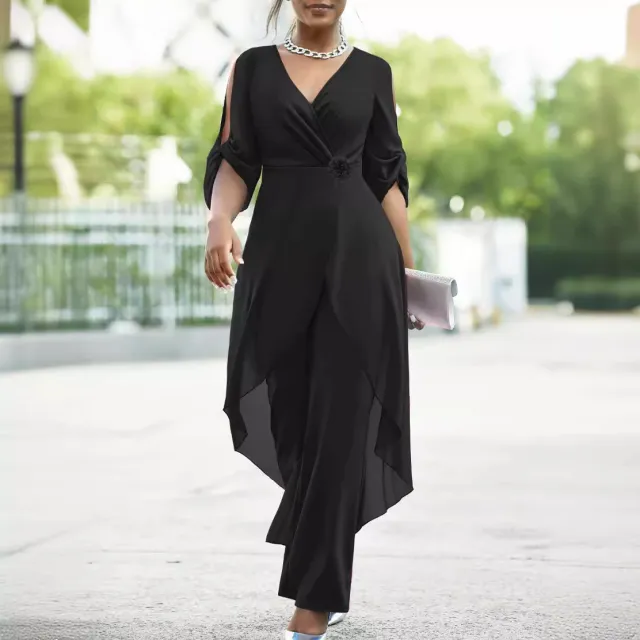 Casual Solid Color Elegant Slim V neck Elegant One piece Trousers Black - Shop at LoveMi