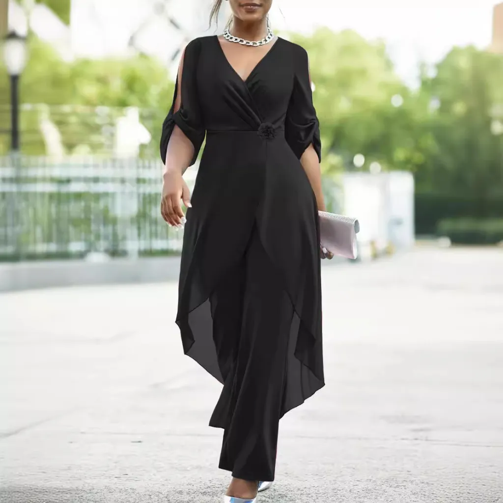 Casual Solid Color Elegant Slim V-neck Elegant One-piece Trousers - Black