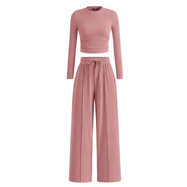 Rib Knitted Long Sleeve Short Top Wide Leg Pants Casual Suit Pink - Shop at LoveMi