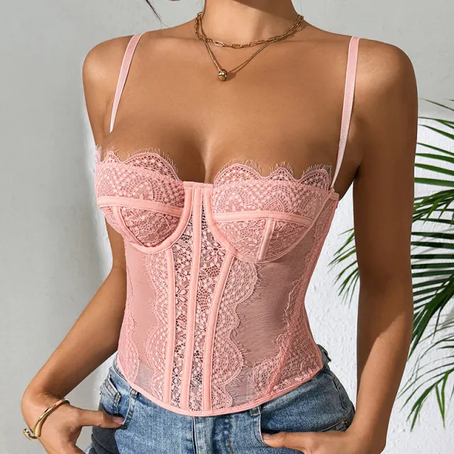 Corset Eyelash Lace See through Pure Desire Sling Tunic Pink - Shop at LoveMi