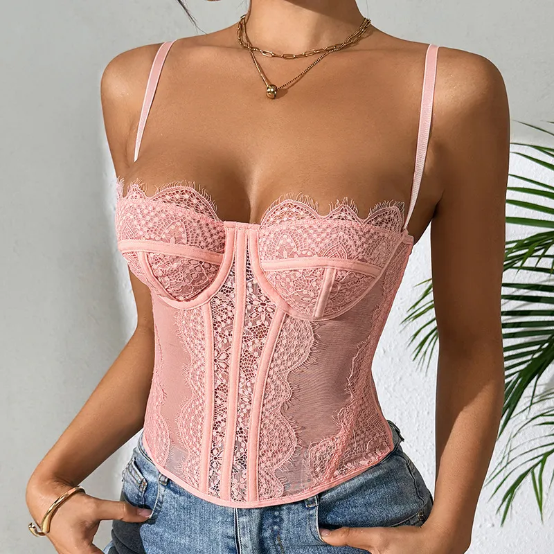 Corset Eyelash Lace See-through Pure Desire Sling Tunic - Pink