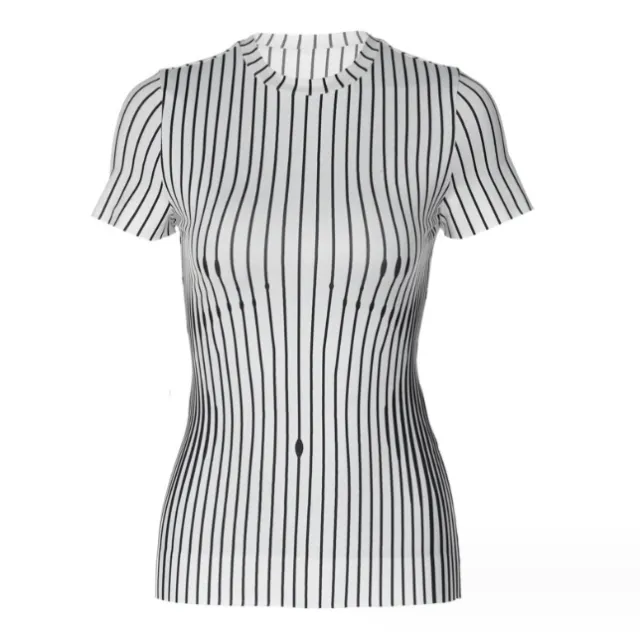Striped Waist tight Round Neck Short Sleeve And Long Pattern T shirt White - Shop at LoveMi