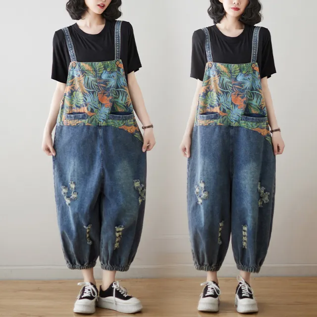 Patchwork Print Denim Overalls Picture Color-2Xl - Shop at LoveMi