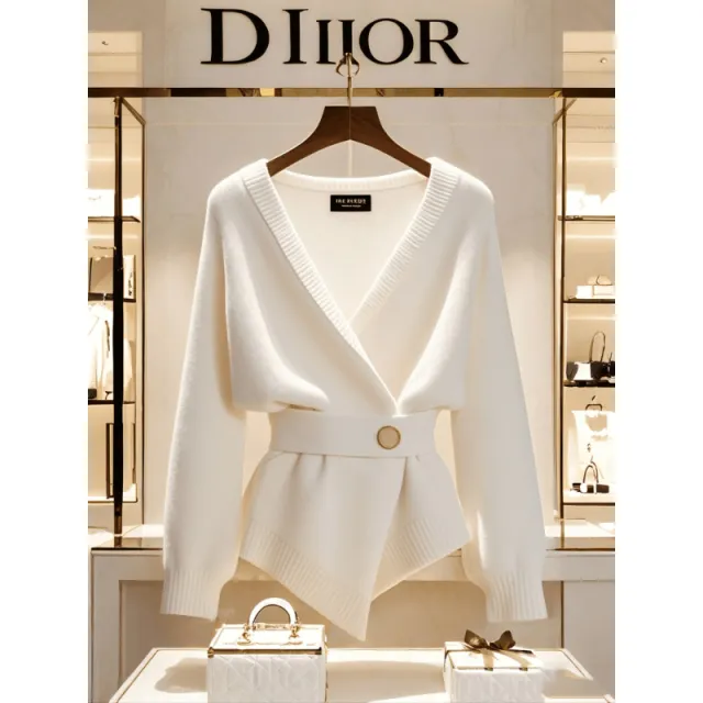 White V neck Waist controlled Long Sleeves Knitted Cardigan For Women White - Shop at LoveMi