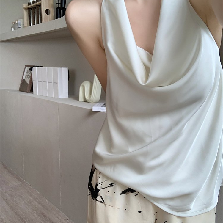 Satin Draping Effect Swing Collar Halter Spaghetti Straps Vest For Women
